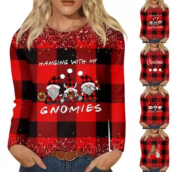 Женские рождественские топы Рождественские рубашки с длинным рукавом Женские рождественские принтованные топы с длинным рукавом Обычные повседневные топы L красный