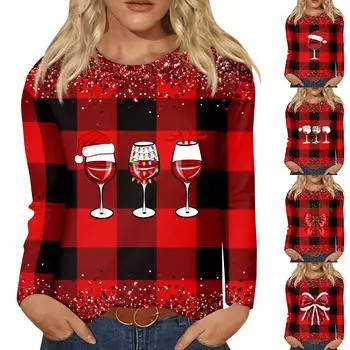 Женские рождественские топы Рождественские рубашки с длинным рукавом Женские рождественские принтованные топы с длинным рукавом Обычные повседневные топы M киноварь