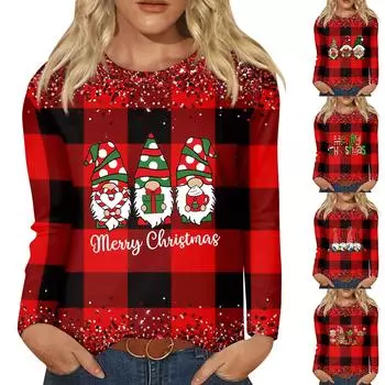 Женские рождественские топы Рождественские рубашки с длинным рукавом Женские рождественские принтованные топы с длинным рукавом Обычные повседневные топы XXL киноварь