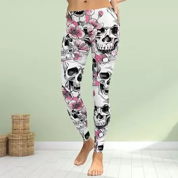 Женские розовые эластичные леггинсы с принтами черепа для йоги, фитнеса, бега, спортзала, спортивных активных брюк XS розовый