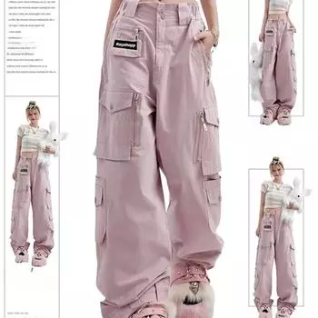 Женские розовые брюки-карго в винтажном стиле Harajuku Y2k, эстетические свободные брюки-парашюты, мешковатые брюки большого размера с высокой талией, одежда XXL чёрный