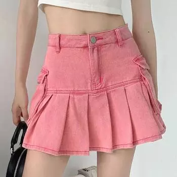 Женские розовые джинсовые плиссированные юбки, повседневные тонкие Y2k с высокой талией, милая летняя юбка в корейском стиле XS розовый
