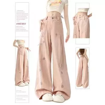 Женские розовые джинсы-карго Y2k Винтажные джинсовые брюки Харадзюку 90-х годов Уличная одежда Джинсовые брюки со звездами Эстетичная дрянная одежда 2000-х годов 2024 S розовый