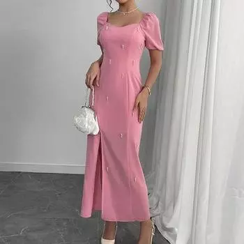 Женские розовые макси облегающие платья весна-лето модные сексуальные жемчужные круглые вырезы с боковыми разрезами свободные рукава-фонарики обтягивающее вечернее платье S