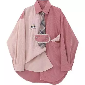 Женские розовые рубашки и блузки в стиле пэчворк в корейском стиле Харадзюку, элегантная винтажная уличная одежда с длинным рукавом, двухцветная рубашка, одежда M розовый