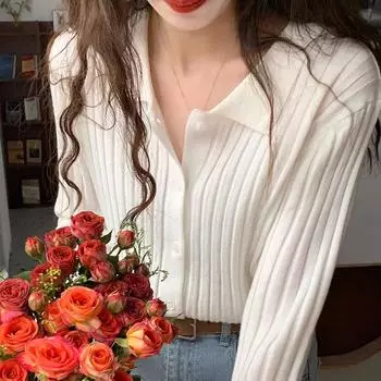 Женские рубашки 2023, осенняя мода, новая вязаная нижняя рубашка с лацканами, ретро нежный тонкий внутренний свитер, кардиган, повседневные топы женские One size белый