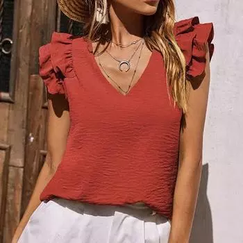 Женские рубашки без рукавов и блузки с рюшами, мода 2023, летние однотонные топы с v-образным вырезом, элегантная стильная повседневная одежда Blusas 26707 S темно-красного