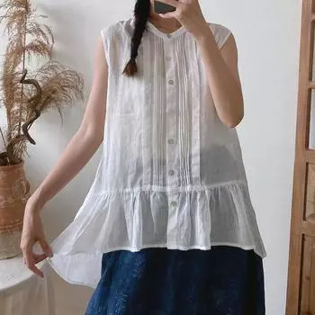 Женские рубашки без рукавов Johnature Ramie, повседневные простые однотонные тонкие блузки нестандартной формы, топы One Size чёрный