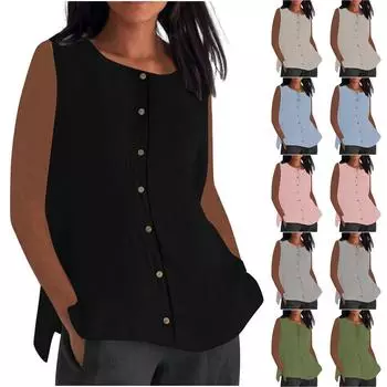Женские рубашки без рукавов на пуговицах, блузки, однотонные повседневные топы без рукавов с круглым вырезом, деловой рабочий топ S