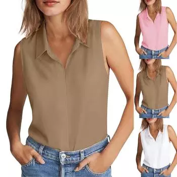 Женские рубашки без рукавов на пуговицах, повседневные свободные нарядные блузки с V-образным вырезом, рабочие майки L чёрный