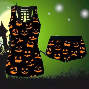 Женские рубашки без рукавов с принтом на Хэллоуин и шорты S чёрный