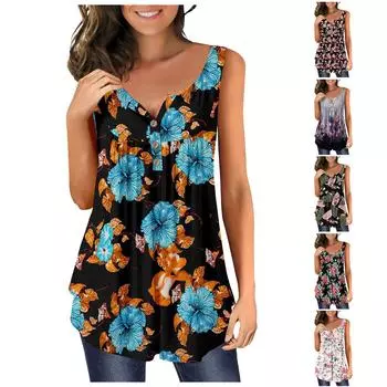 Женские рубашки без рукавов, топы с рюшами, свободные топы, повседневные топы большого размера, плиссированные топы на пуговицах, повседневные летние топы с цветочным принтом L чёрный