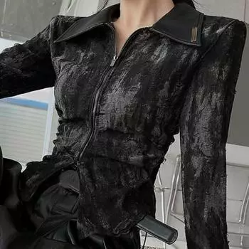 Женские рубашки Harajuku с отложным воротником, туника с длинными рукавами, блузки на молнии, 2024, Ropa Mujer, модная корейская блузка с принтом тай-дай, топы 27u509 S чёрный