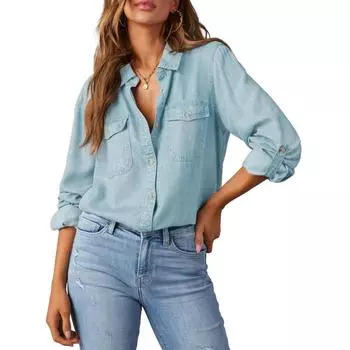 Женские рубашки из денима на пуговицах, повседневные, с длинным рукавом, с V-образным вырезом, из шамбре, блузка, топ XL