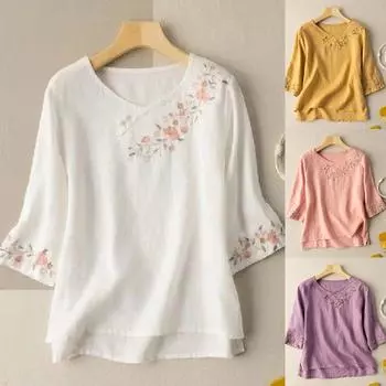 Женские рубашки из хлопка и льна с цветочной вышивкой, повседневные свободные туники, летние рукава три четверти, дышащие, удобные блузки XXXL белый