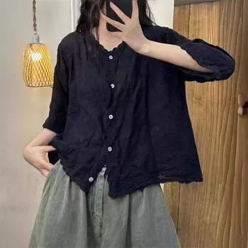 Женские рубашки летние Folral вышивка свободные V-образный вырез Collae однобортные женские топы Tide Wild One Size легкие хаки