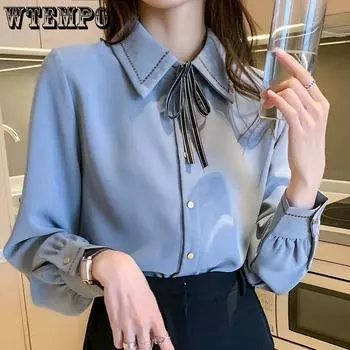 Женские рубашки Модные шифоновые рубашки в западном стиле Топ с завязками-бабочками Рубашки-поло Универсальные рубашки Рубашки с длинным рукавом на подкладке S белый