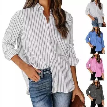 Женские рубашки на пуговицах из хлопка в полоску, классическая рубашка с длинным рукавом и воротником, рабочие полоски, блузки, топы L чёрный