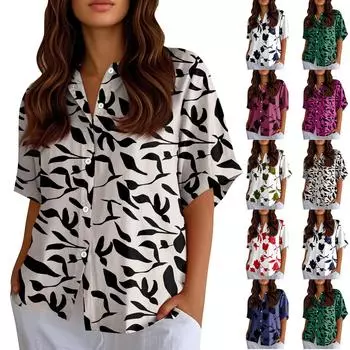 Женские рубашки на пуговицах Льняные рубашки на пуговицах Рубашки с коротким рукавом для женщин Топы с коротким рукавом для женщин L темно-зеленого