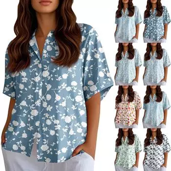 Женские рубашки на пуговицах Льняные рубашки на пуговицах Рубашки с коротким рукавом для женщин Топы с коротким рукавом для женщин L синий