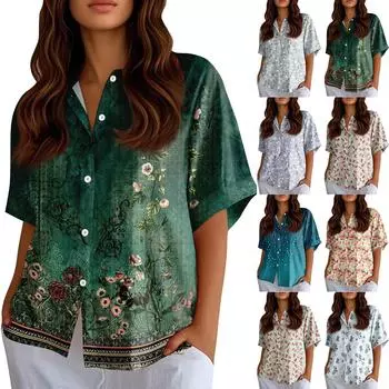 Женские рубашки на пуговицах Льняные рубашки на пуговицах Рубашки с коротким рукавом для женщин Топы с коротким рукавом для женщин L темно-зеленого
