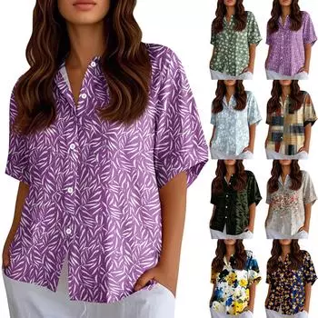 Женские рубашки на пуговицах Льняные рубашки на пуговицах Рубашки с коротким рукавом для женщин Топы с коротким рукавом для женщин M коричневый