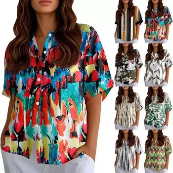 Женские рубашки на пуговицах Льняные рубашки на пуговицах Рубашки с коротким рукавом для женщин Топы с коротким рукавом для женщин L темно-зеленого