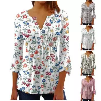 Женские рубашки на пуговицах, принтованные туники, летние топы, повседневные расклешенные брюки, укороченные рукава, весенние рубашки M розовый