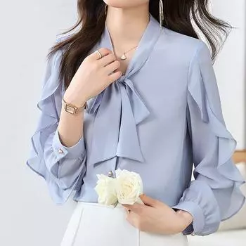 Женские рубашки на пуговицах с длинным рукавом и бантом, модные элегантные женские блузки, шифоновые офисные женские топы, синяя одежда 29317 S орион