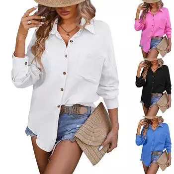 Женские рубашки на пуговицах с длинным рукавом, повседневная рубашка с воротником, свободные блузки, топы с карманом L чёрный