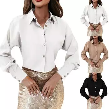 Женские рубашки на пуговицах с длинным рукавом, повседневные рубашки с воротником, свободные блузки, однотонные топы L чёрный