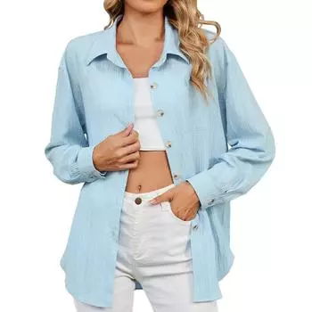 Женские рубашки на пуговицах с длинным рукавом, повседневные однотонные свободные топы с воротником S горячий розовый