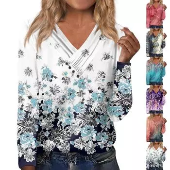 Женские рубашки, нарядные повседневные сексуальные модные плиссированные футболки с v-образным вырезом, модная одежда на пуговицах, туники, футболки, пуловеры XXXL