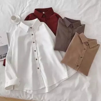 Женские рубашки оверсайз, вельветовые, весенне-осенне-зимние, новые свободные блузки, повседневные теплые белые топы на пуговицах с длинными рукавами S белый