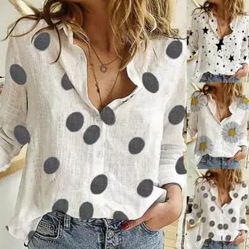 Женские рубашки с цветочным принтом в горошек и подсолнечником, на весну и осень, белая рубашка с длинными рукавами и лацканами из хлопка и льна на пуговицах S