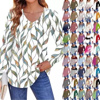 Женские рубашки с длинным рукавом-фонариком, плиссированные туники с V-образным вырезом, осенние топы с длинным рукавом и принтом L