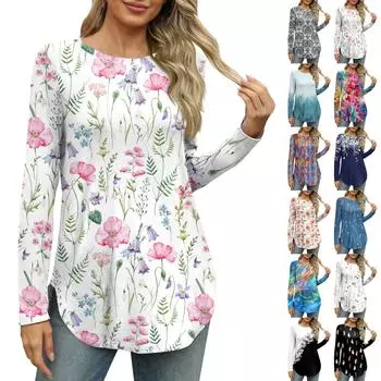 Женские рубашки с длинным рукавом и круглым вырезом, базовые свободные туники с боковым разрезом, повседневные рубашки с цветочным принтом L чёрный