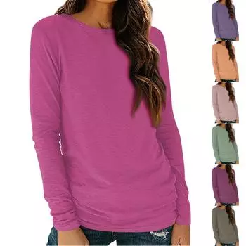 Женские рубашки с длинным рукавом и круглым вырезом, базовая футболка, повседневный топ, осенняя модная туника, облегающие футболки XL