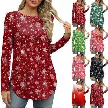 Женские рубашки с длинным рукавом и круглым вырезом, боковые разрезы, базовые свободные туники, повседневные рубашки с рождественским принтом XXL