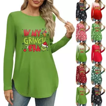 Женские рубашки с длинным рукавом и круглым вырезом, боковые разрезы, базовые свободные туники, топы с принтом, повседневные рубашки на Рождество XXL