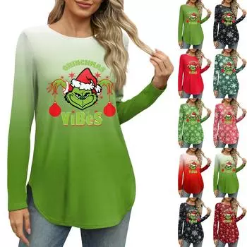 Женские рубашки с длинным рукавом и круглым вырезом, боковые разрезы, базовые свободные туники, топы с принтом, повседневные рубашки на Рождество S