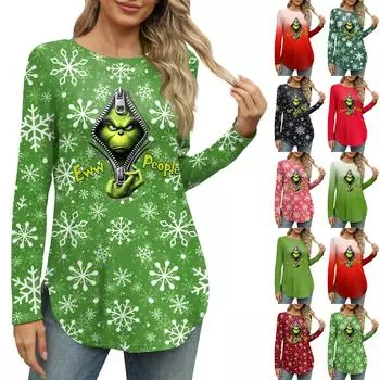 Женские рубашки с длинным рукавом и круглым вырезом, боковые разрезы, базовые свободные туники, топы с принтом, повседневные рубашки на Рождество XXXL