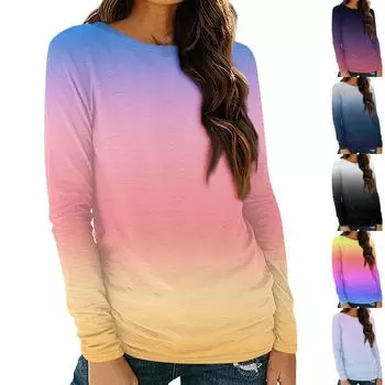 Женские рубашки с длинным рукавом и круглым вырезом, базовая футболка, повседневный топ, осенняя модная туника, облегающие футболки L чёрный