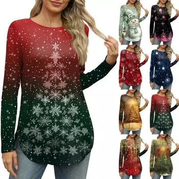 Женские рубашки с длинным рукавом и круглым вырезом, боковые разрезы, базовые свободные туники, повседневные рубашки с рождественским принтом S
