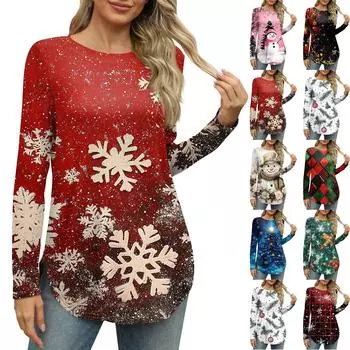 Женские рубашки с длинным рукавом и круглым вырезом, боковые разрезы, свободные повседневные рубашки с рождественским принтом M