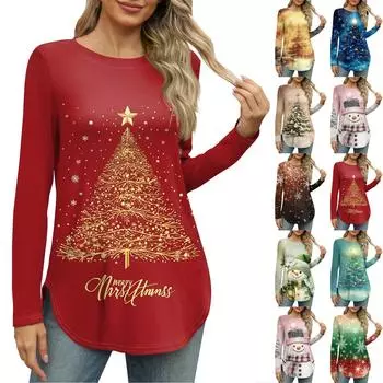 Женские рубашки с длинным рукавом и круглым вырезом, боковые разрезы, свободные повседневные рубашки с рождественским принтом XXXL