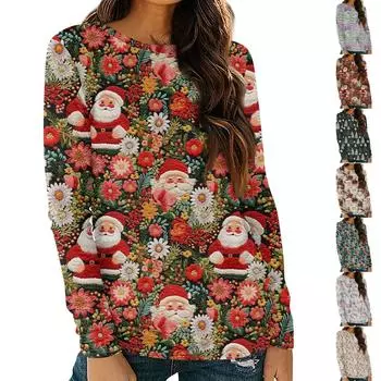 Женские рубашки с длинным рукавом и круглым вырезом, повседневные топы, туники с рождественским принтом, свободные футболки L бежевый