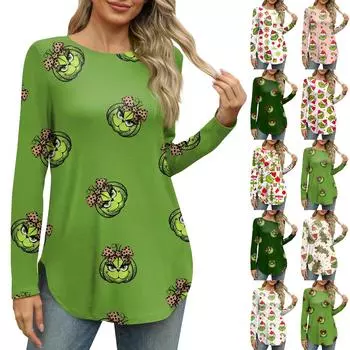 Женские рубашки с длинным рукавом и круглым вырезом, боковые разрезы, базовые свободные туники, топы с принтом, повседневные рубашки на Рождество L армия зеленый