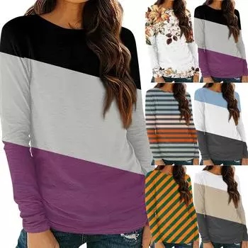 Женские рубашки с длинным рукавом и круглым вырезом, базовая футболка, повседневный топ, модные осенние наряды, приталенные футболки L темно-фиолетового