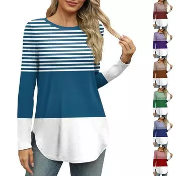 Женские рубашки с длинным рукавом и круглым вырезом, базовые свободные туники с боковым разрезом, повседневные рубашки с цветочным принтом L синий